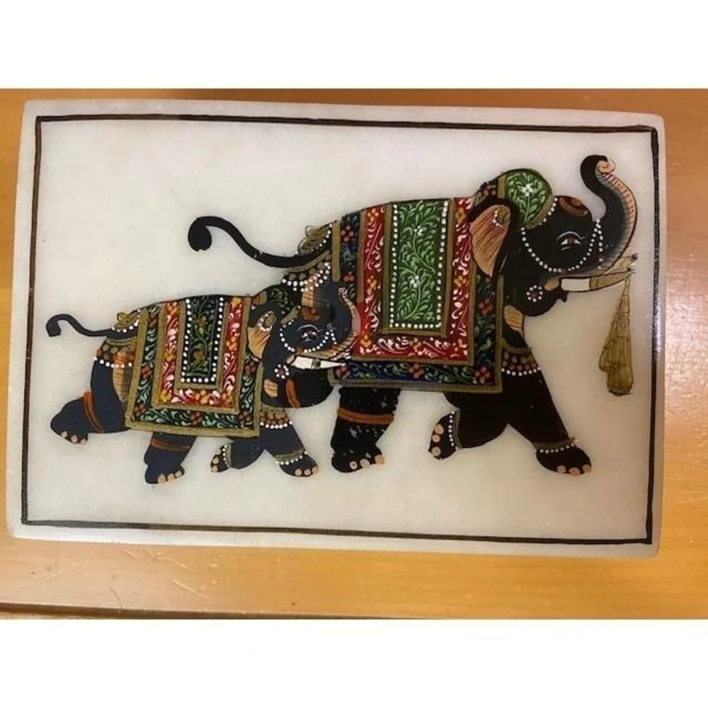 Hand Painted Marble Elephant Jewelry Box Lattice Cutout Trinket Box White Stone
